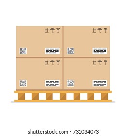 Cardboard boxes with fragile signs and barcode on wooded pallet. Vector illustration.