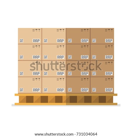 Cardboard boxes with fragile signs and barcode on wooded pallet. Vector illustration.