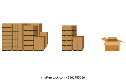 Cardboard boxes with fragile signs and barcode.Opened and closed cardboard box. Vector illustration.