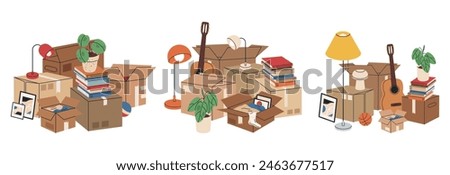Cardboard boxes full of moving stuff. Carton boxes with books and clothes, stacked carton boxes flat vector illustration set. New house moving boxes