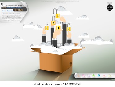 Cardboard boxes - Hand  Business man,Lock, Padlock,unlock, Icon,  Cloud, Illustration modern  Business Steps Infographics Template Idea and concept design.