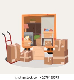 Cardboard boxes and a hand cart for boxes near the car. Wardrobe,refrigerator, stove and many other things in the car for moving. Vector illustration.