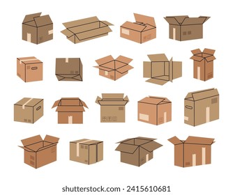 Cardboard boxes. Hand drawn delivery boxes, open and closed shipping package, carton boxes flat doodle vector illustration set. Parcel boxes collection