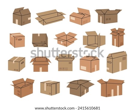 Cardboard boxes. Hand drawn delivery boxes, open and closed shipping package, carton boxes flat doodle vector illustration set. Parcel boxes collection