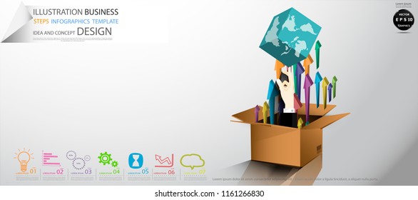 Cardboard boxes- Hands Businessman  pointing   World box square   - Arrow Colorful, icon,Illustration Business Steps Infographics Template Idea and concept design.