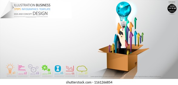 Cardboard boxes- Hands Businessman  pointing   Light bulbs world   - Arrow Colorful, icon,Illustration Business Steps Infographics Template Idea and concept design.
