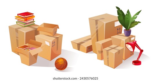 Cajas de cartón con cosas de casa aisladas sobre fondo blanco. Ilustración vectorial de dibujos animados de paquetes de cartón, pilas de libros, bola, maceta y lámpara, casa en movimiento, servicios de entrega de pertenencias