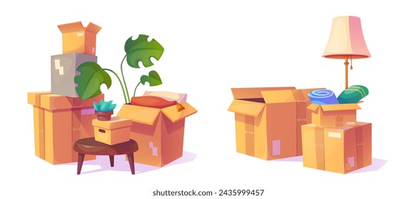 Cajas de cartón con material de la casa para el concepto de reubicación. Ilustración vectorial de dibujos animados conjunto de paquetes de cartón pilas con lámpara y planta, muebles y pertenencias para el nuevo hogar mudanza o almacenamiento de garaje.