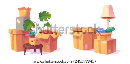 Cardboard boxes with house stuff for relocation concept. Cartoon vector illustration set of carton packages piles with lamp and plant, furniture and belongings for new home move or garage storage.