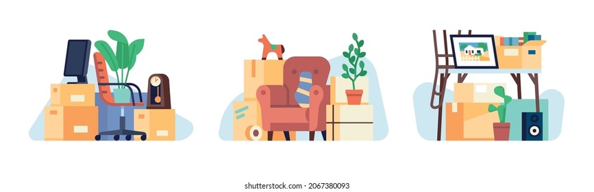 Cardboard boxes with household things. Packed