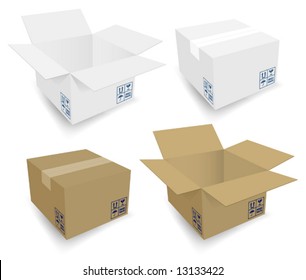 Cardboard Boxes Icons Open & Closed. Same box, white and kraft; open and closed.