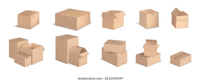Cardboard Boxes illustration. Box collection. Cardboard Boxes in Various Opening Stages Vector Set