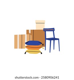 Cardboard boxes, interior things. Moving home service. Carton package with plant, bicycle and books. House relocation. Package heap and pile. Storage shipping cartoon flat isolated vector composition