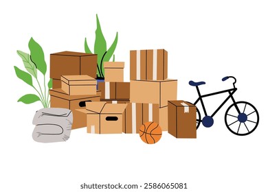 Cardboard boxes, interior things. Moving home service. Carton package with plant, bicycle and books. House relocation. Package heap and pile. Storage shipping cartoon flat isolated vector composition