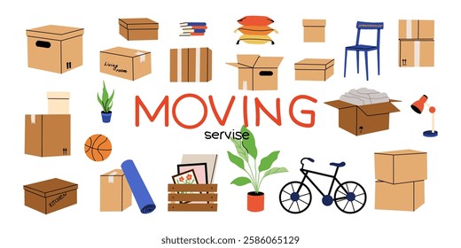 Cardboard boxes, interior things. Moving home service. Carton package with plant, bicycle and books. House relocation. Package heap and pile. Storage shipping cartoon flat isolated vector composition