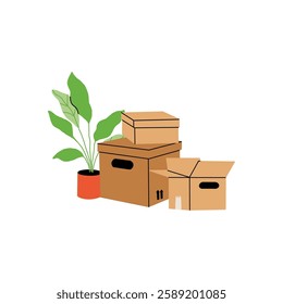 Cardboard boxes, interior things. Moving home service. Carton package with plant, bicycle and books. House relocation. Package heap and pile. Storage shipping cartoon flat isolated vector composition