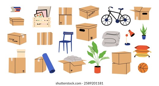 Cardboard boxes, interior things. Moving home service. Carton package with plant, bicycle and books. House relocation. package heap and pile. Storage shipping cartoon flat isolated vector illustration