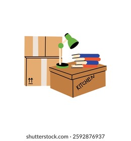 Cardboard boxes, interior things. Moving home service. Carton package with plant, bicycle and books. House relocation. Package heap and pile. Storage shipping cartoon flat isolated vector composition