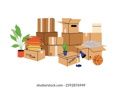 Cardboard boxes, interior things. Moving home service. Carton package with plant, bicycle and books. House relocation. Package heap and pile. Storage shipping cartoon flat isolated vector composition