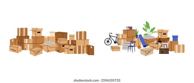 Cardboard boxes, interior things. Moving home service. Carton package with plant, bicycle and books. House relocation. Package heap and pile. Storage shipping cartoon flat isolated vector composition