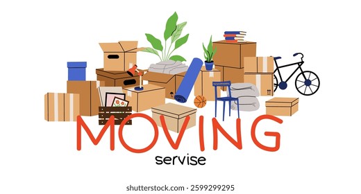 Cardboard boxes, interior things. Moving home service. Carton package with plant, bicycle and books. House relocation. Package heap and pile. Storage shipping cartoon flat isolated vector composition