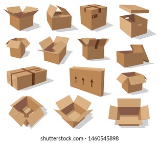 Cajas de cartón aisladas maquetas. Recipientes de papel vectorial vacíos, paquetes abiertos y cerrados con un signo de carga, flechas que muestran el lado para llevar. Caja de cartón en diseño, entrega, transporte y envío 3D