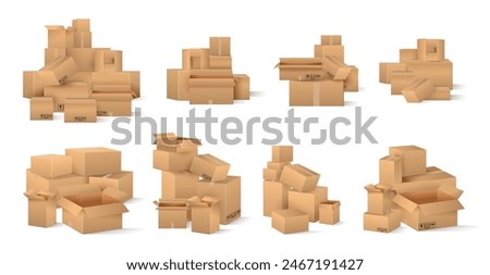 Cardboard boxes, isolated realistic parcels with tape and fragile care sign symbol, handling with care, protection from water rain. Vector mail container piles, isolated empty mockup set