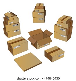 Cardboard boxes isometric set isolated.  Move box business. Vector illustration on a white background.