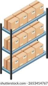 Caixas de cartão com etiquetas em prateleiras metálicas formando fileiras em um armazém, visão isométrica representando os conceitos de armazenamento, logística, inventário, distribuição e envio