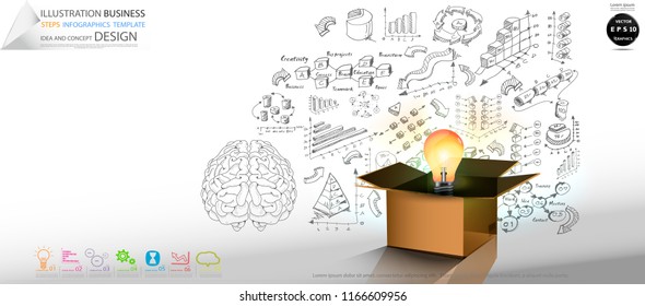 Cardboard boxes with Light bulb, icon - Skecth Plan Business graph - Illustration Business Steps Infographics Template Idea and concept design.