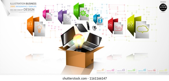 Cardboard boxes with Light bulbs, Computer, Cellphone, Tablet, Laptop, Watch, Folder Colorful icon, Illustration Business Steps Infographics Template  Idea and concept design.