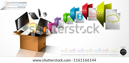 Cardboard boxes with Light bulbs, Computer, Cellphone, Tablet, Laptop, Watch, Folder Colorful icon, Illustration Business Steps Infographics Template  Idea and concept design.
