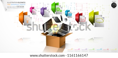 Cardboard boxes with Light bulbs, Computer, Cellphone, Tablet, Laptop, Watch, Folder Colorful icon, Illustration Business Steps Infographics Template  Idea and concept design.