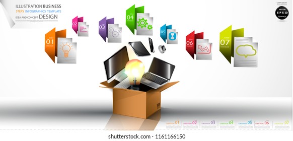 Cardboard boxes with Light bulbs,Computer, Cellphone, Tablet, Laptop,Watch,Folder Colorful icon, Illustration Business Steps Infographics Template  Idea and concept design.