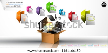 Cardboard boxes with Light bulbs,Computer, Cellphone, Tablet, Laptop,Watch,Folder Colorful icon, Illustration Business Steps Infographics Template  Idea and concept design.