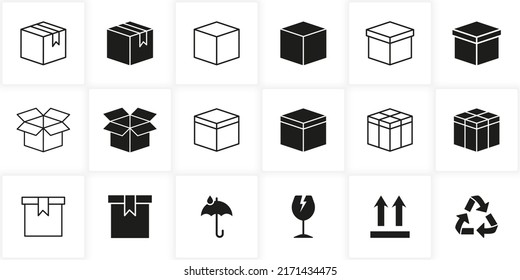 Cardboard Boxes Line and Silhouette Icon Set. Package with Symbol of Recycle, Glass, Fragile Pictogram. Open and Closed Parcel Collection Icon. Editable Stroke. Isolated Vector Illustration.