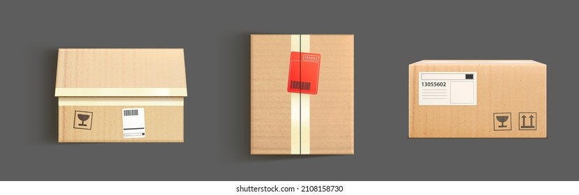 Cardboard boxes mockup, 3d vector cargo and parcel packages top, front and bottom view with tape and paper labels. Realistic carton closed packaging for goods, isolated packs for freight shipping