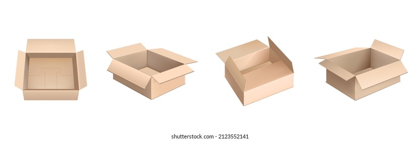 Cardboard boxes mockup, 3d vector cargo and parcel packages, realistic carton containers. Closed and open packaging for goods, isolated empty drawers, distribution blank packs for freight shipping set