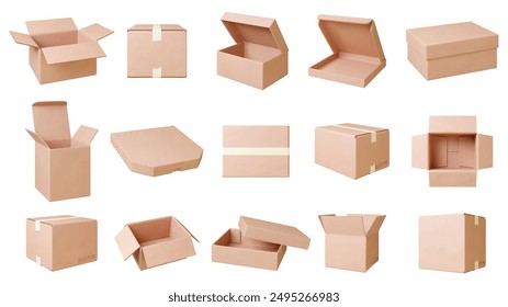 Cardboard boxes mockup. Delivery service box, parcel or things for moving paper packages. Food take away, pizza packs, pithy realistic 3d vector set