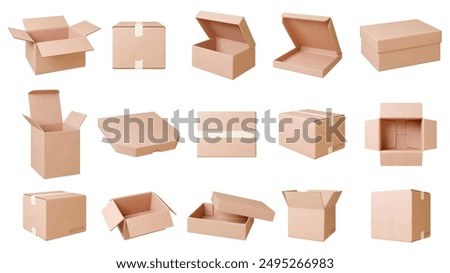 Cardboard boxes mockup. Delivery service box, parcel or things for moving paper packages. Food take away, pizza packs, pithy realistic 3d vector set