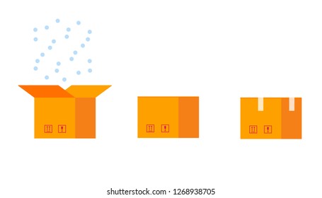 Cardboard boxes mockup flat style design vector illustration icon sign set  isolated on white background. Open, closed and packed boxes and soft shadows. Delivery symbols for business.