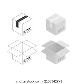 Cardboard boxes mockup set. Open and close square cardboard box collection. Isometric Boxes isolated on white background. Delivery, packaging, transportation or shipping concept. Vector illustration.