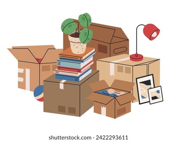 Cardboard boxes with moving stuff. Stacked cargo moving boxes with clothes, pot plants and books flat vector illustration. New home moving boxes on white