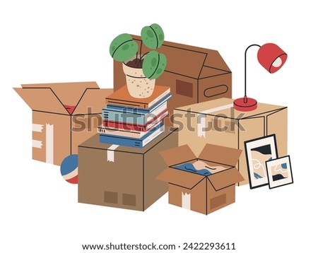 Cardboard boxes with moving stuff. Stacked cargo moving boxes with clothes, pot plants and books flat vector illustration. New home moving boxes on white
