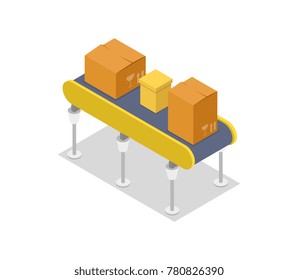 Cardboard boxes on conveyor isometric 3D icon. Shipping and delivery sign, goods packing object vector illustration