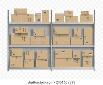 Cardboard boxes on metal rack with shelves. Template isolated on transparent background. Stock vector illustration