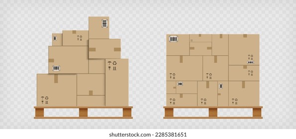 Cajas de cartón en un pallet. Entrega de carga y servicio móvil. Transporte de carga y logística en el almacén. Aislado sobre un fondo transparente. Ilustración del vector