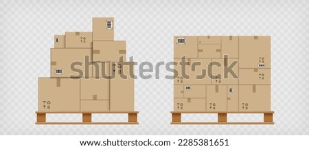 Cardboard boxes on a pallet. Cargo delivery and moving service. Cargo transportation and logistics in the warehouse. Isolated on a transparent background. Vector illustration