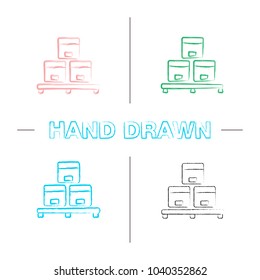 Cardboard boxes on pallet hand drawn icons set. Warehouse color brush stroke. Parcels storage. Isolated vector sketchy illustrations