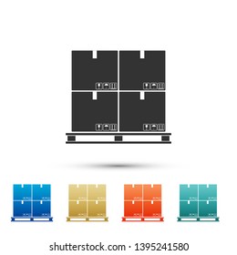 Cardboard boxes on pallet icon isolated on white background. Closed carton delivery packaging box with fragile signs. Set icons in color icons. Vector Illustration